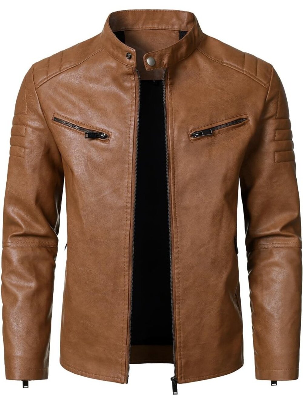 Men Light Brown Leather Collar Long Sleeve Cold Zip-up Pocket Weather Jacket